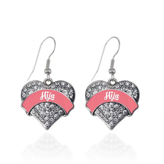 Silver Coral Hija Pave Heart Charm Dangle Earrings