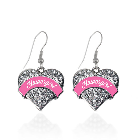 Silver Pink Flower Girl Pave Heart Charm Dangle Earrings