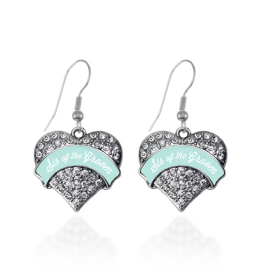 Silver Mint Sis of Groom Pave Heart Charm Dangle Earrings