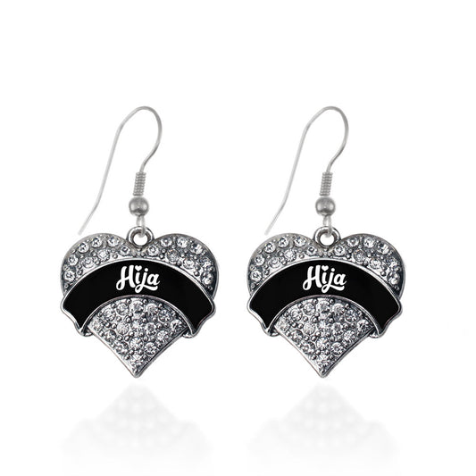 Silver Black and White Hija Pave Heart Charm Dangle Earrings