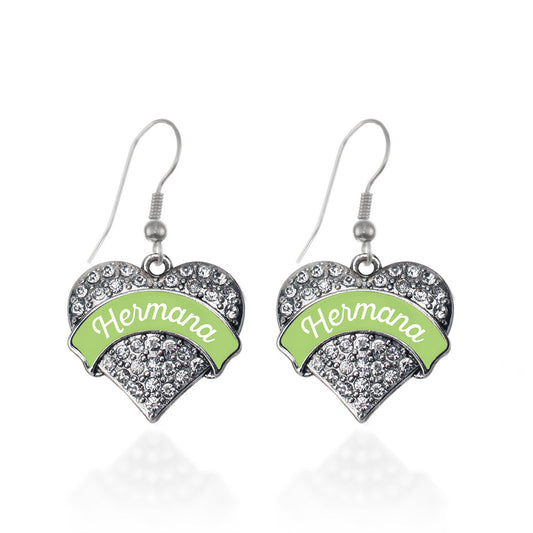 Silver Hermana - Sage Green Pave Heart Charm Dangle Earrings