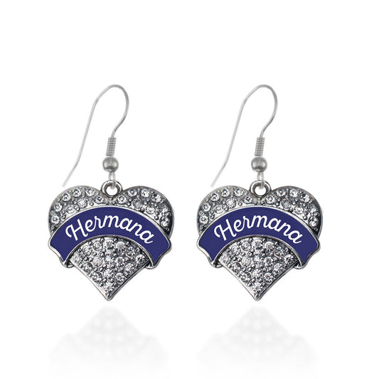 Silver Hermana - Navy Blue Pave Heart Charm Dangle Earrings