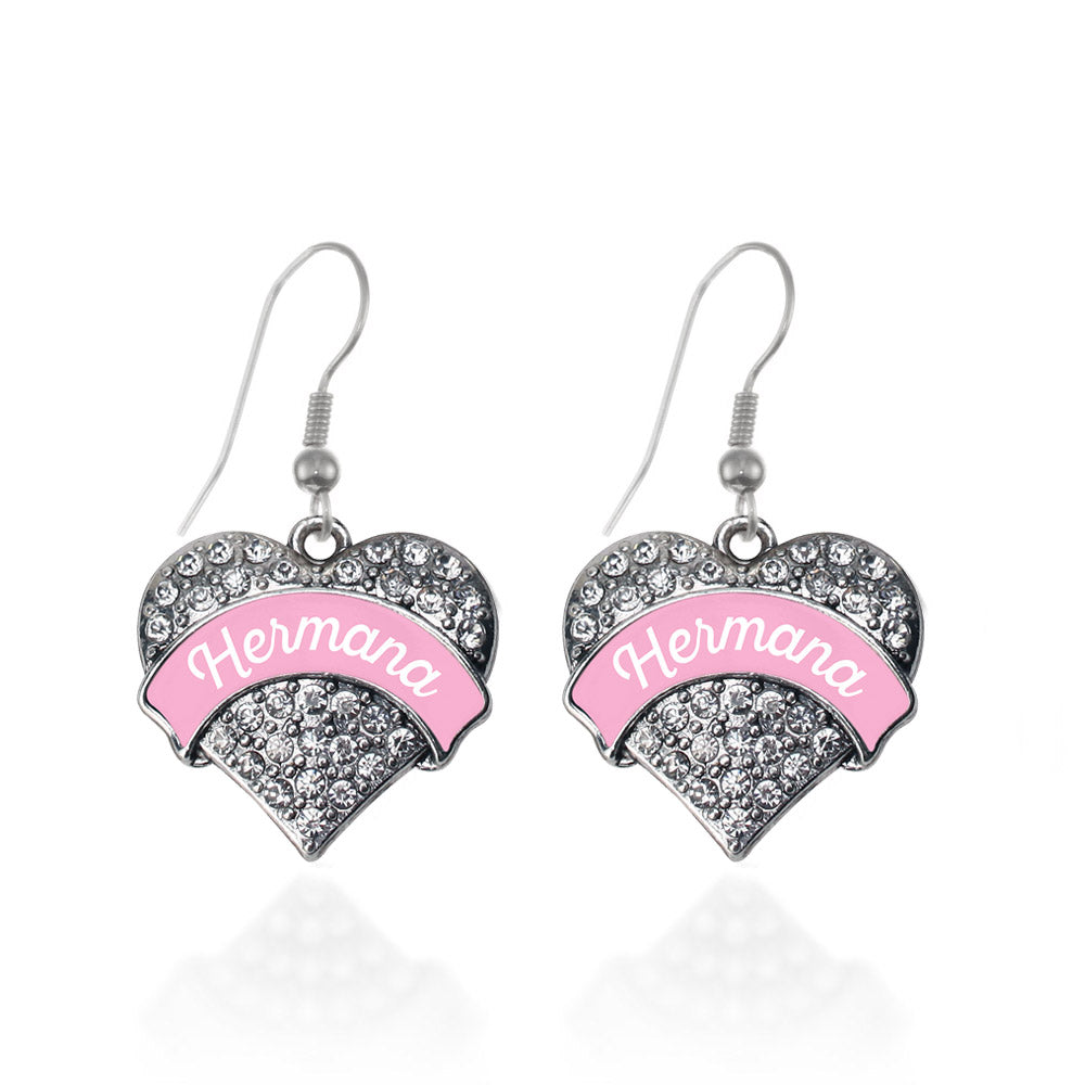 Silver Hermana - Pink Pave Heart Charm Dangle Earrings
