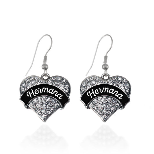 Silver Hermana - Black and White Pave Heart Charm Dangle Earrings