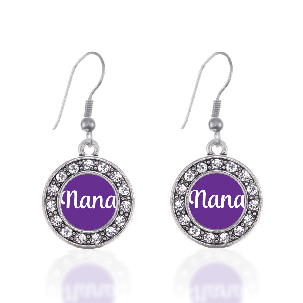 Silver Purple Nana Circle Charm Dangle Earrings