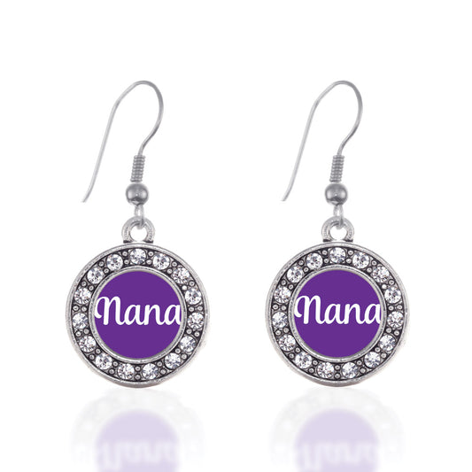 Silver Purple Nana Circle Charm Dangle Earrings