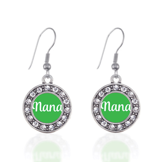 Silver Green Nana Circle Charm Dangle Earrings