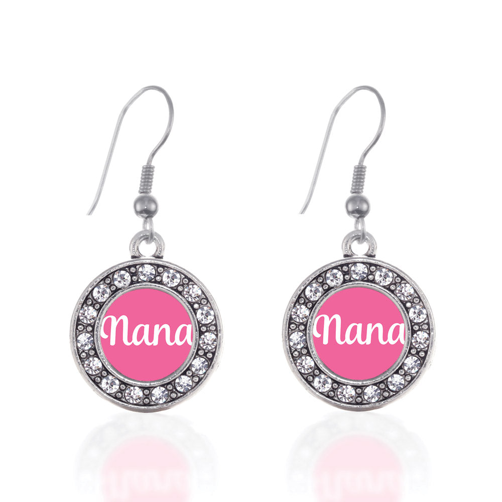 Silver Pink Nana Circle Charm Dangle Earrings