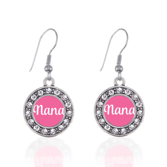 Silver Pink Nana Circle Charm Dangle Earrings