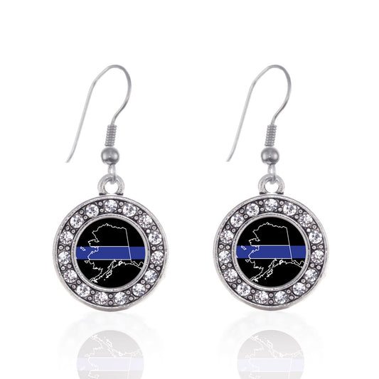 Silver Alaska Thin Blue Line Circle Charm Dangle Earrings