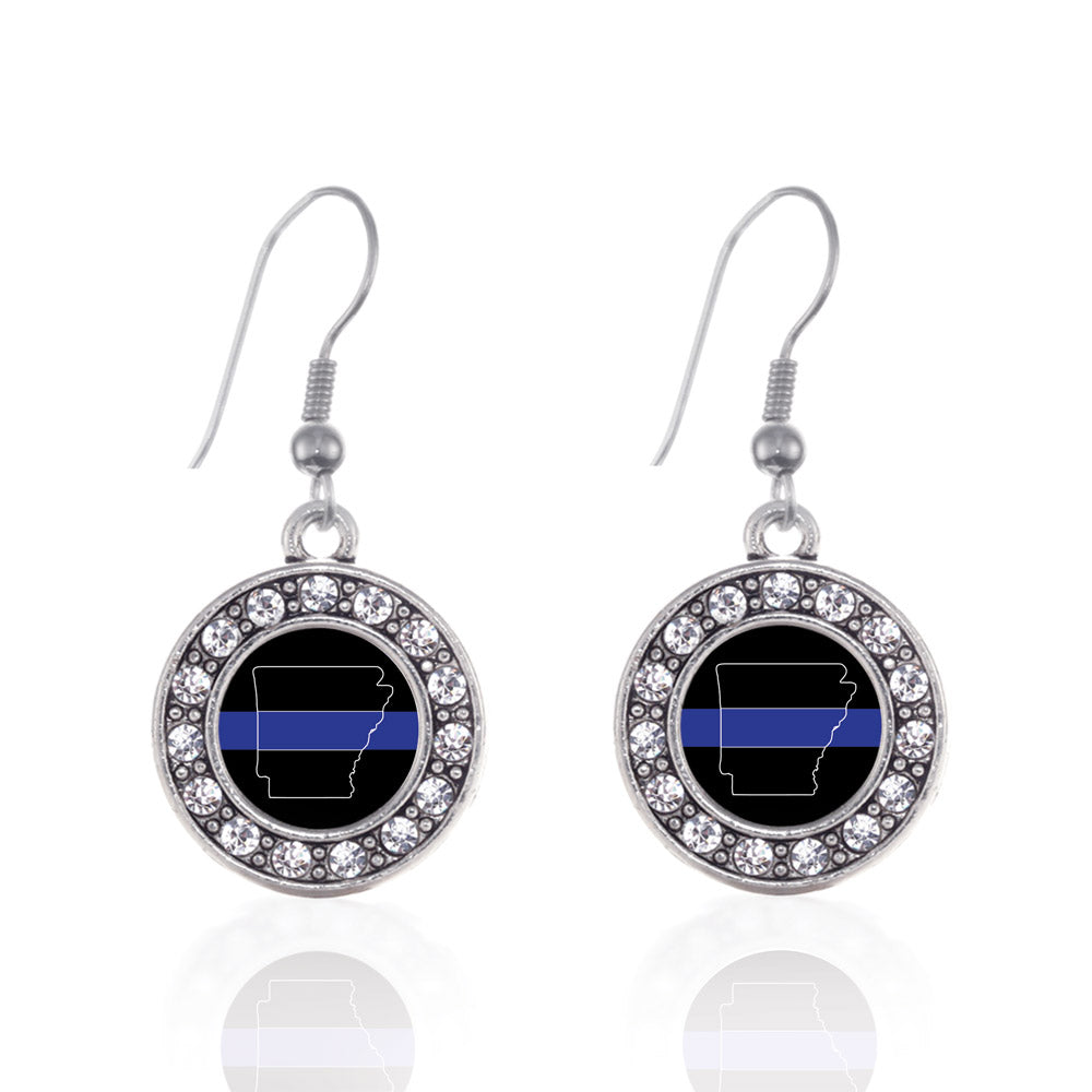 Silver Arkansas Thin Blue Line Circle Charm Dangle Earrings