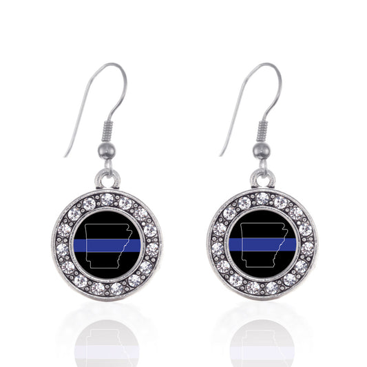 Silver Arkansas Thin Blue Line Circle Charm Dangle Earrings