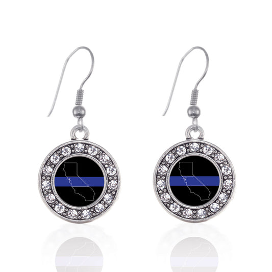 Silver California Thin Blue Line Circle Charm Dangle Earrings
