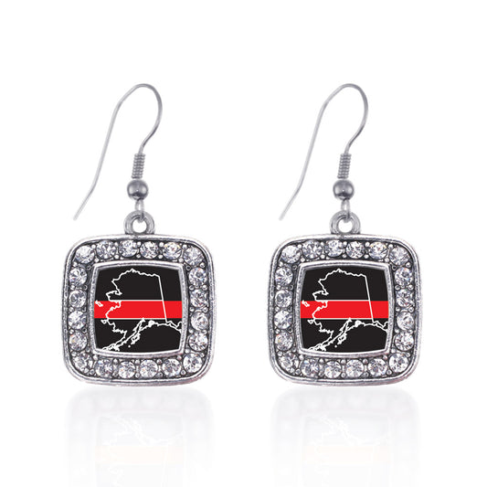 Silver Alaska Thin Red Line Square Charm Dangle Earrings