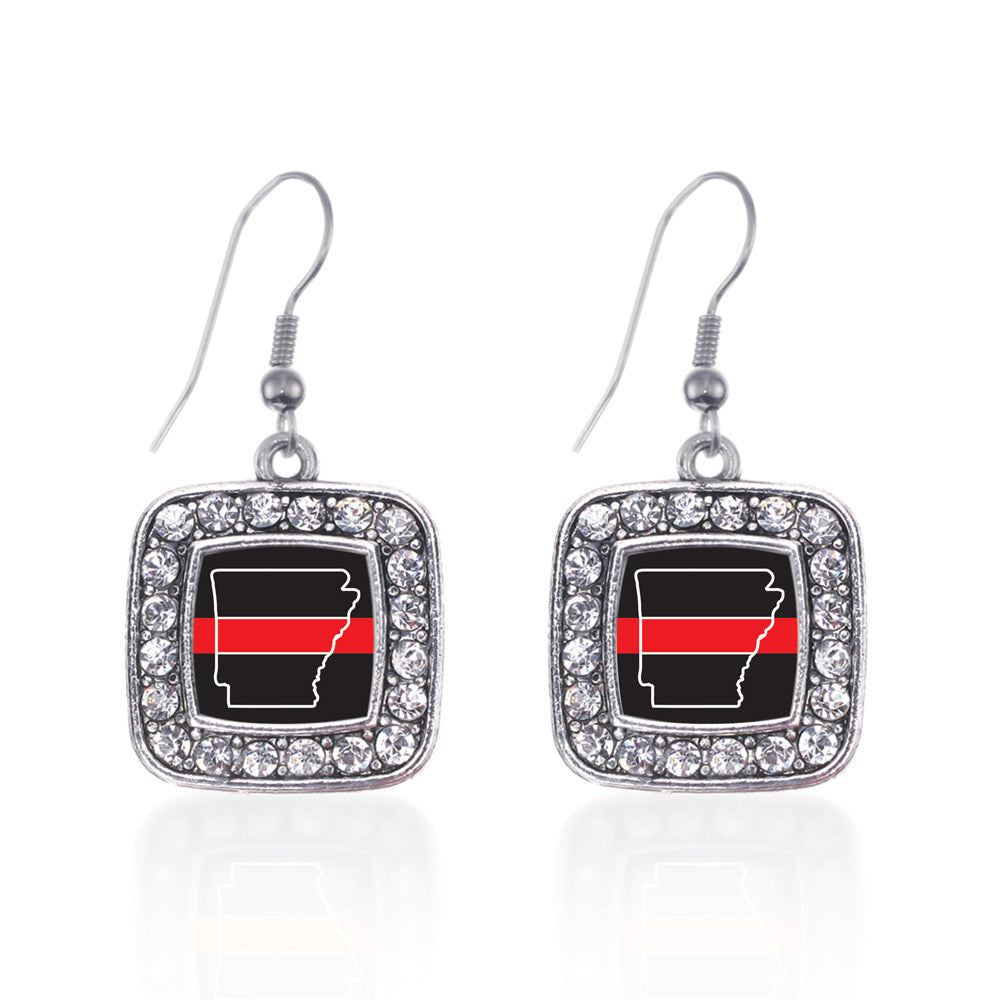Silver Arkansas Thin Red Line Square Charm Dangle Earrings