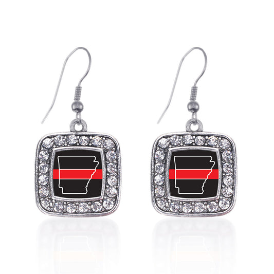 Silver Arkansas Thin Red Line Square Charm Dangle Earrings