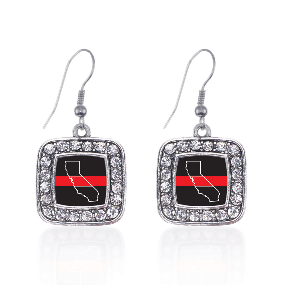 Silver California Thin Red Line Square Charm Dangle Earrings