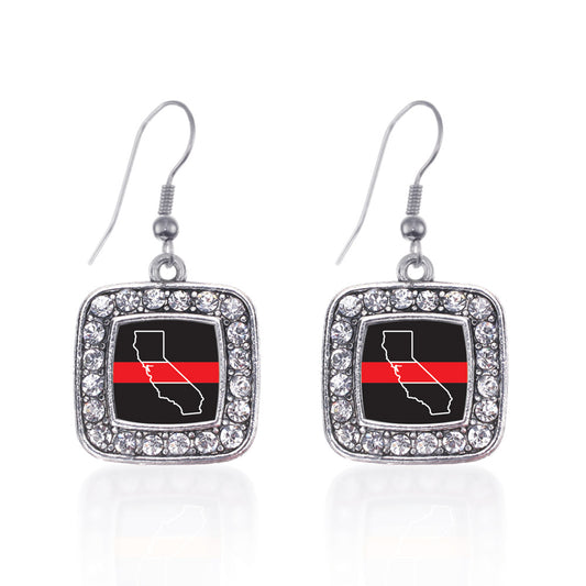 Silver California Thin Red Line Square Charm Dangle Earrings
