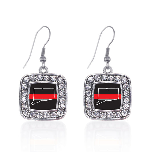 Silver Connecticut Thin Red Line Square Charm Dangle Earrings