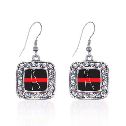 Silver Delaware Thin Red Line Square Charm Dangle Earrings