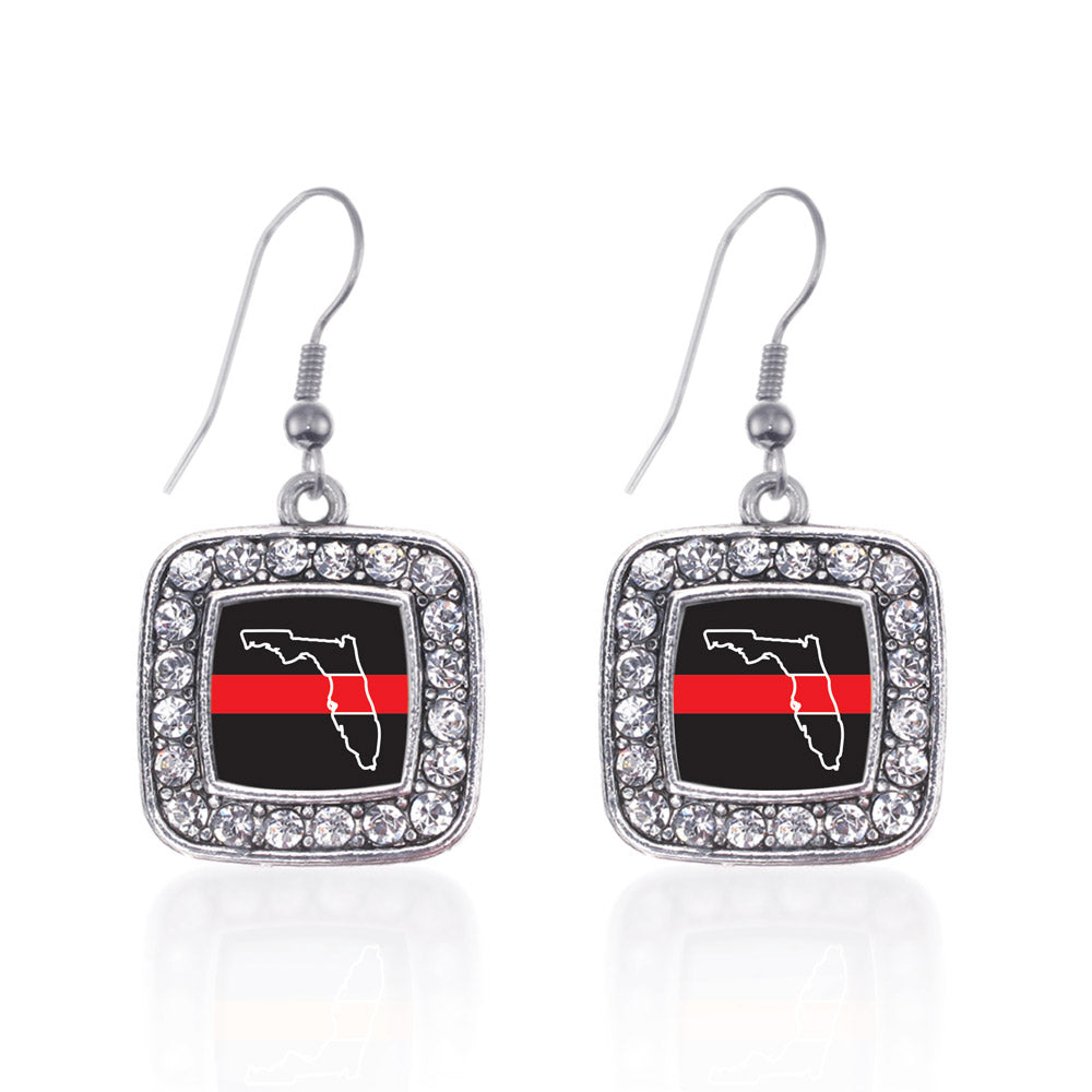 Silver Florida Thin Red Line Square Charm Dangle Earrings