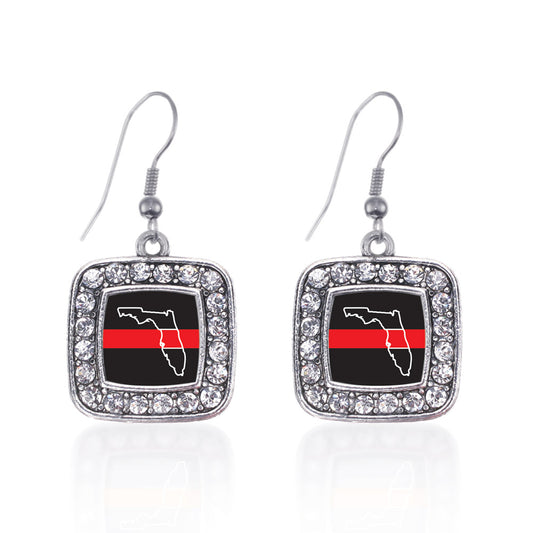 Silver Florida Thin Red Line Square Charm Dangle Earrings