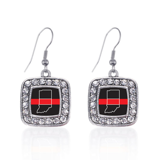Silver Indiana Thin Red Line Square Charm Dangle Earrings