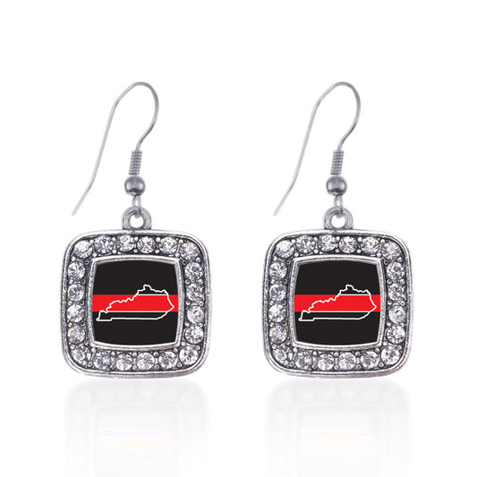 Silver Kentucky Thin Red Line Square Charm Dangle Earrings