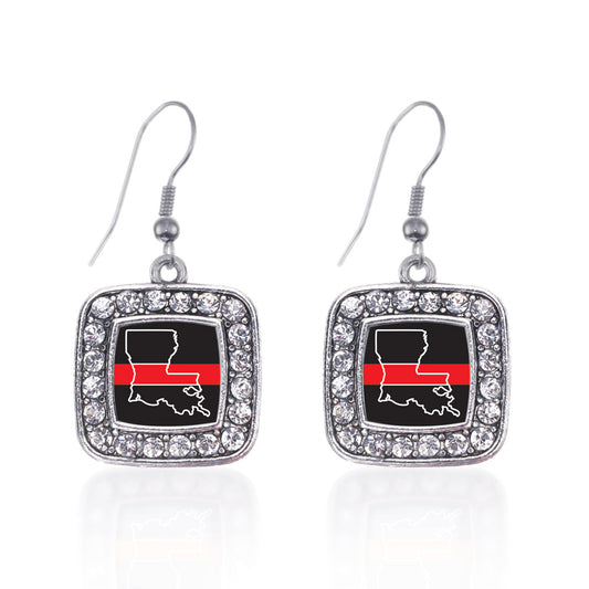 Silver Louisiana Thin Red Line Square Charm Dangle Earrings