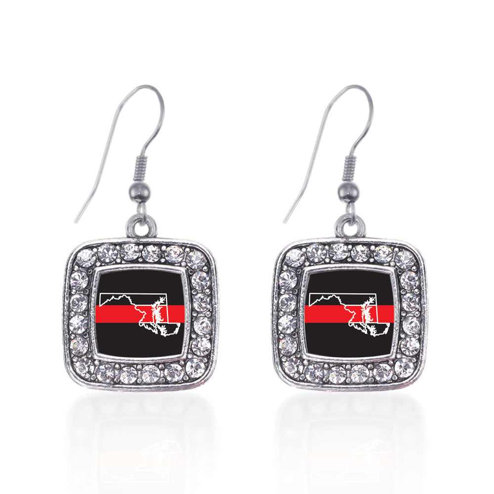 Silver Maryland Thin Red Line Square Charm Dangle Earrings