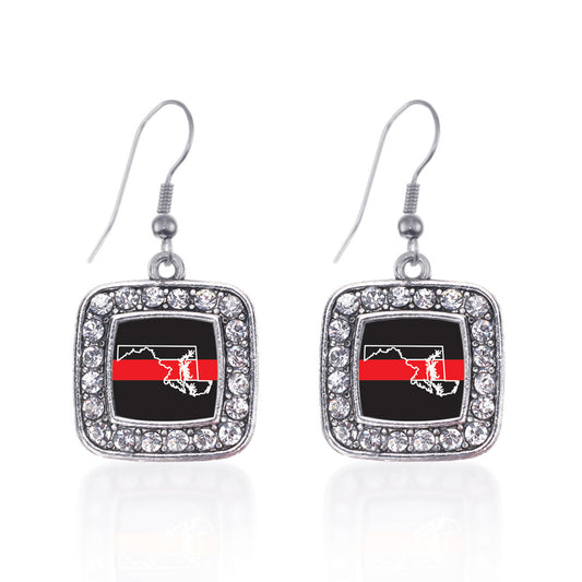 Silver Maryland Thin Red Line Square Charm Dangle Earrings