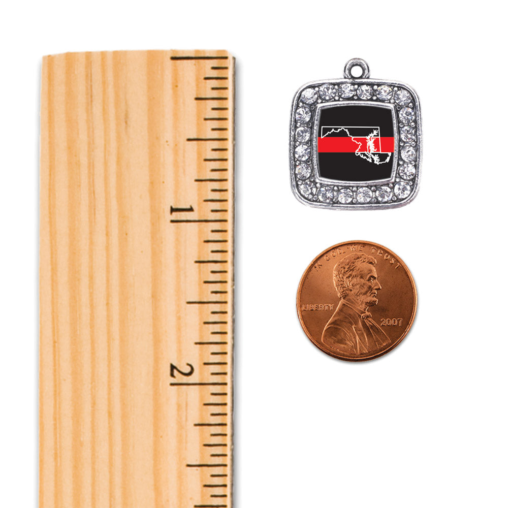 Silver Maryland Thin Red Line Square Charm Dangle Earrings