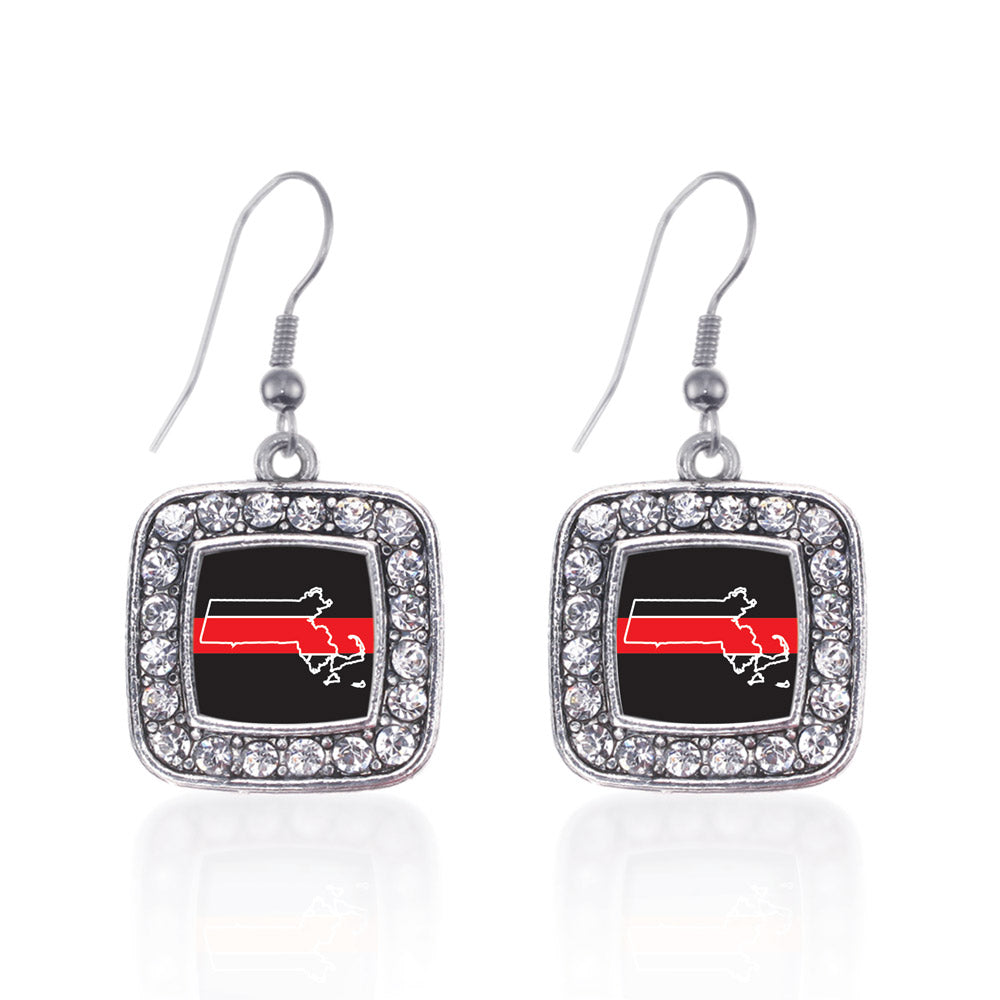 Silver Massachusetts Thin Red Line Square Charm Dangle Earrings