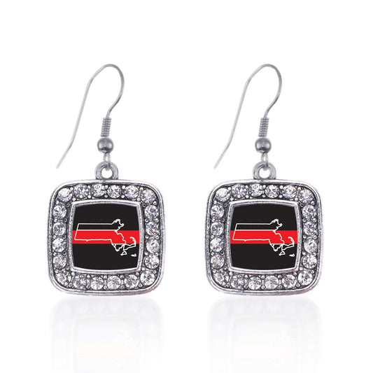 Silver Massachusetts Thin Red Line Square Charm Dangle Earrings
