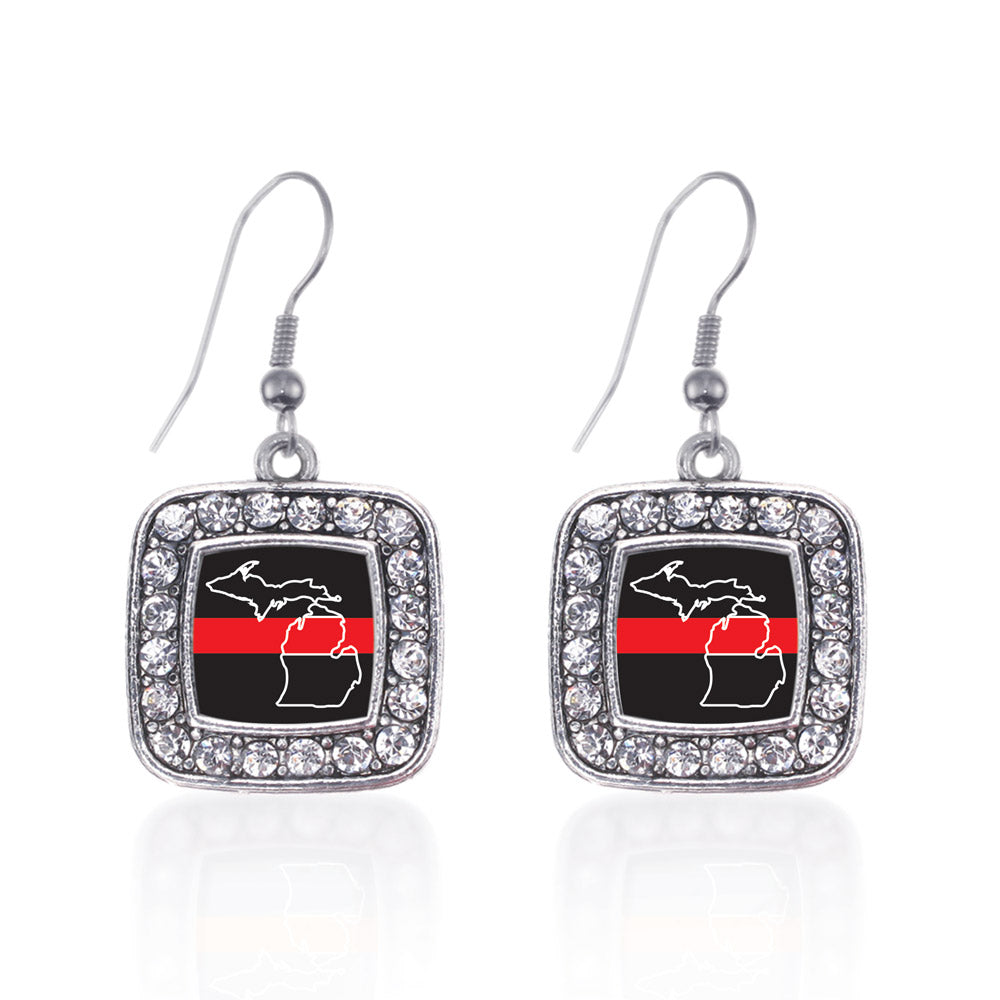 Silver Michigan Thin Red Line Square Charm Dangle Earrings