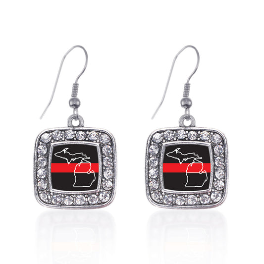 Silver Michigan Thin Red Line Square Charm Dangle Earrings