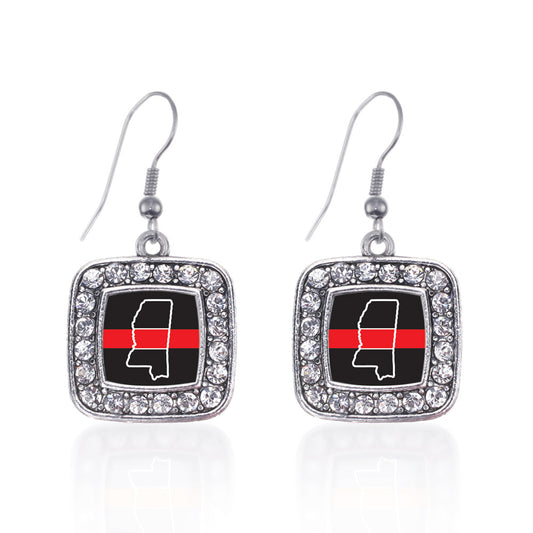 Silver Mississippi Thin Red Line Square Charm Dangle Earrings