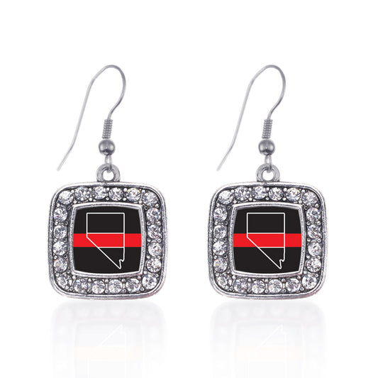 Silver Navada - Thin Red Line Square Charm Dangle Earrings