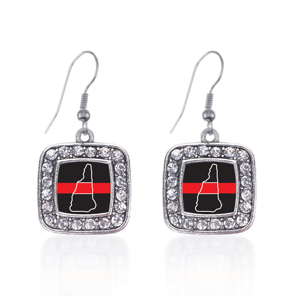 Silver New Hampshire Thin Red Line Square Charm Dangle Earrings