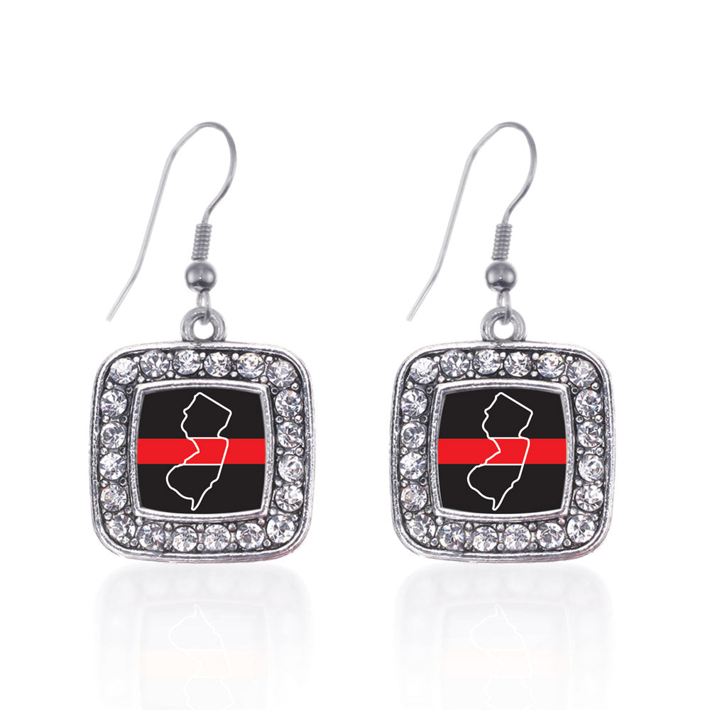 Silver New Jersey Thin Red Line Square Charm Dangle Earrings