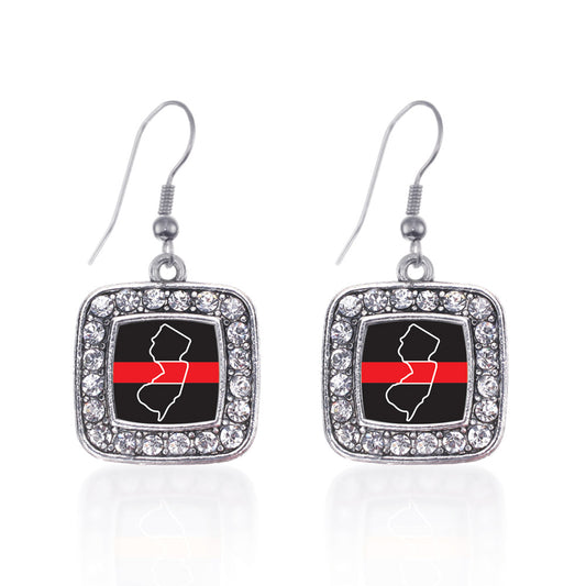 Silver New Jersey Thin Red Line Square Charm Dangle Earrings