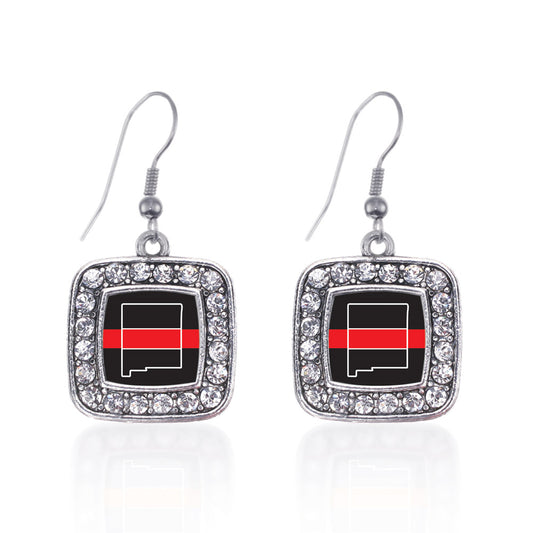 Silver New Mexico Thin Red Line Square Charm Dangle Earrings