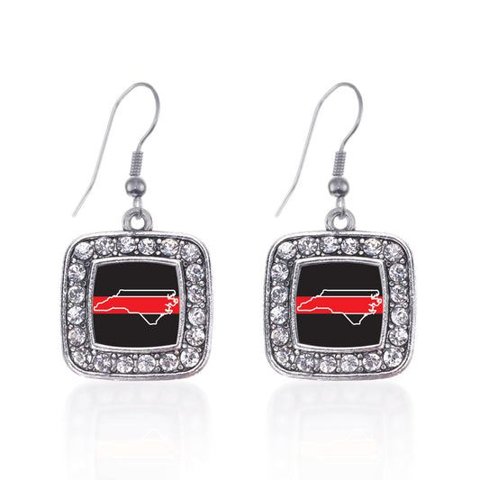 Silver North Carolina Thin Red Line Square Charm Dangle Earrings
