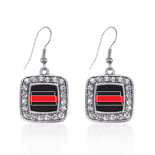 Silver North Dakota Thin Red Line Square Charm Dangle Earrings