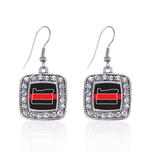 Silver Oregon Thin Red Line Square Charm Dangle Earrings