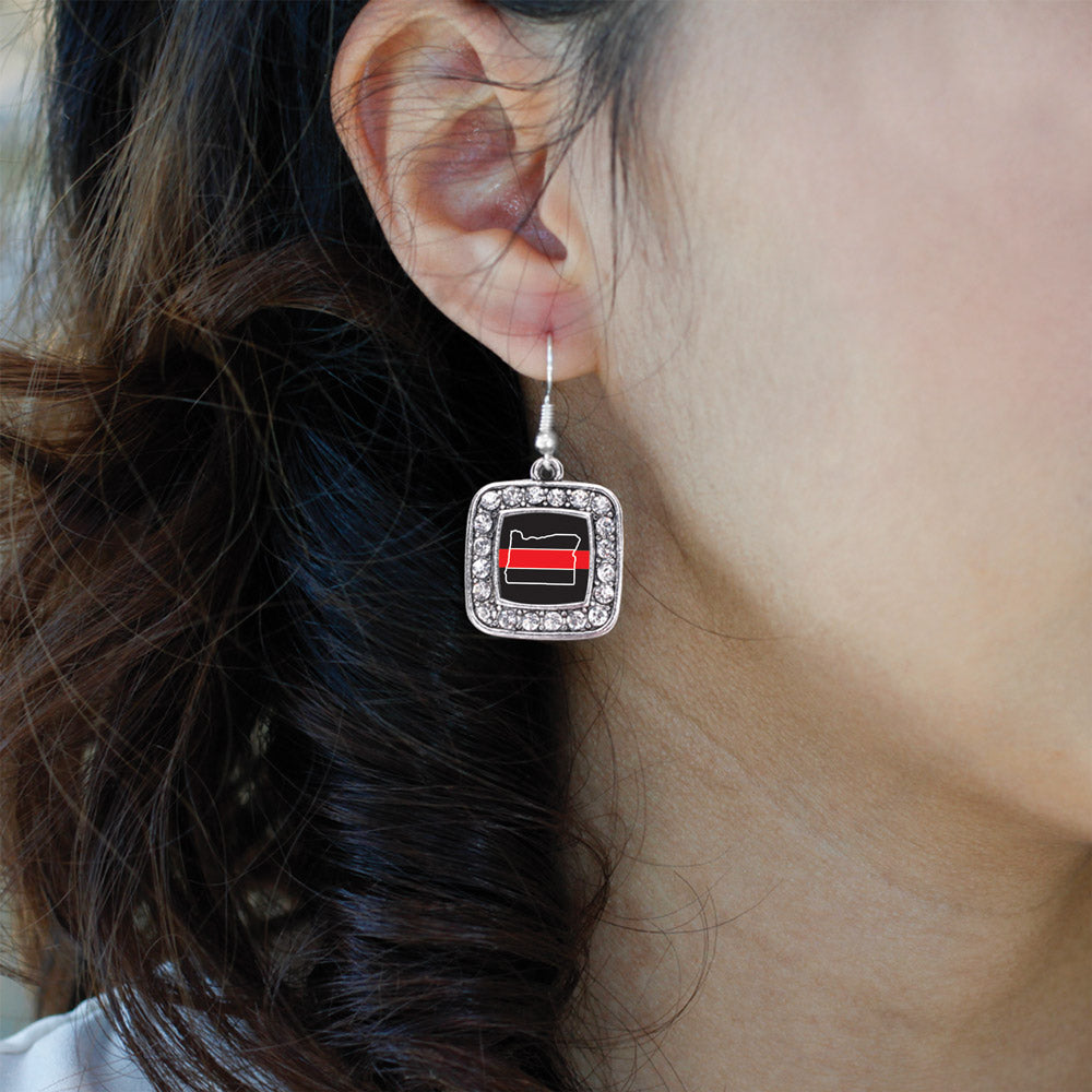Silver Oregon Thin Red Line Square Charm Dangle Earrings