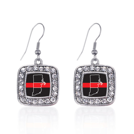 Silver Rhode Island Thin Red Line Square Charm Dangle Earrings