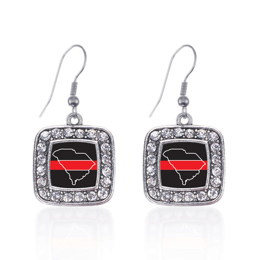 Silver South Carolina Thin Red Line Square Charm Dangle Earrings