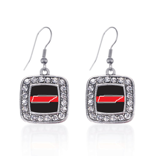 Silver Tennessee Thin Red Line Square Charm Dangle Earrings
