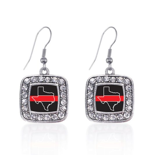 Silver Texas Thin Red Line Square Charm Dangle Earrings